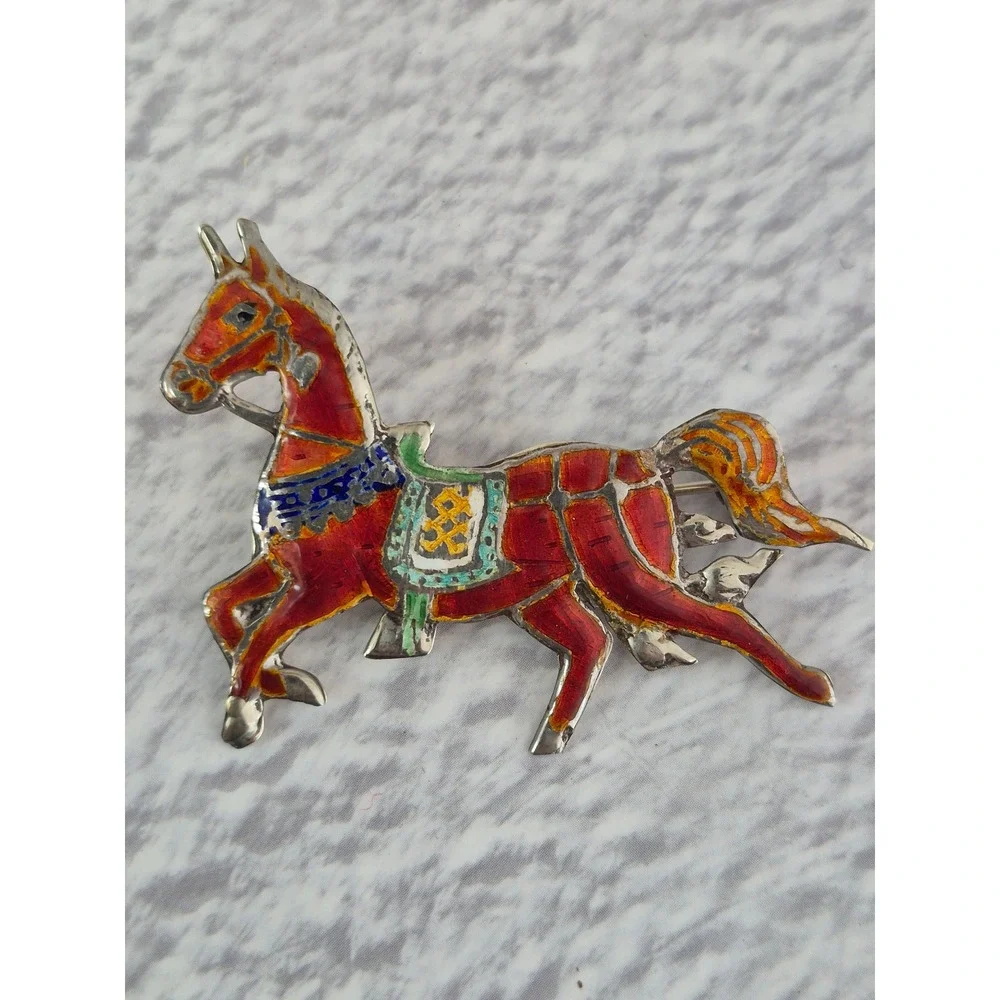 Vintage Siam Sterling Silver Enamel Horse Brooch Equestrian Pin Red Multi